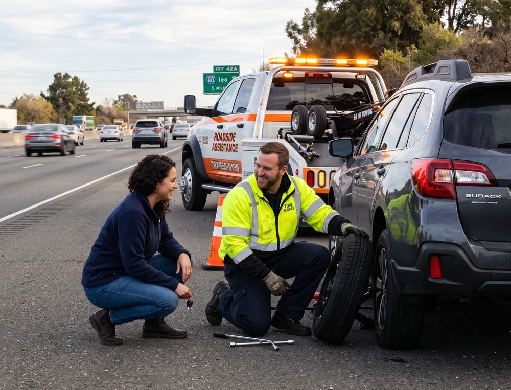 A tow operator in a safety vest helping a driver at the roadside